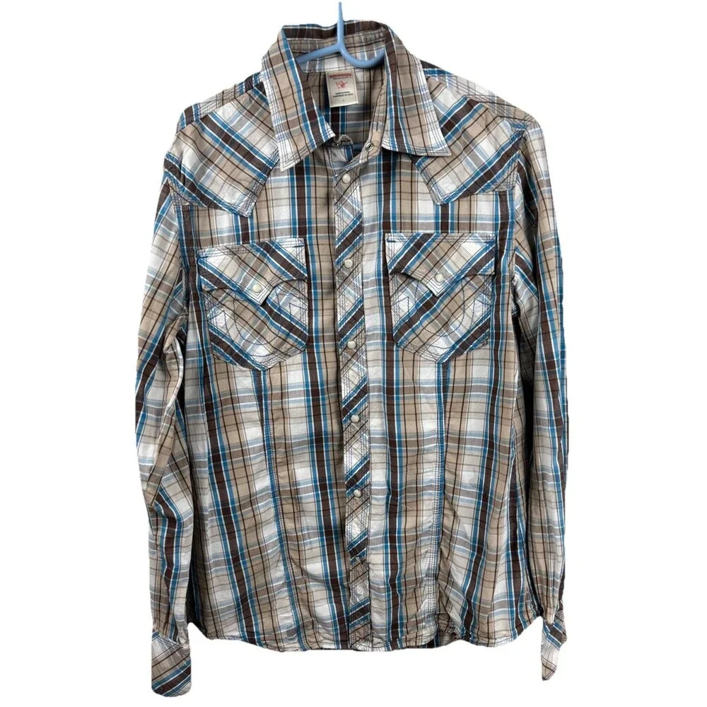True Religion Button Up Shirt Mens Large Beige Pearl Snap Plaid Western Cowboy